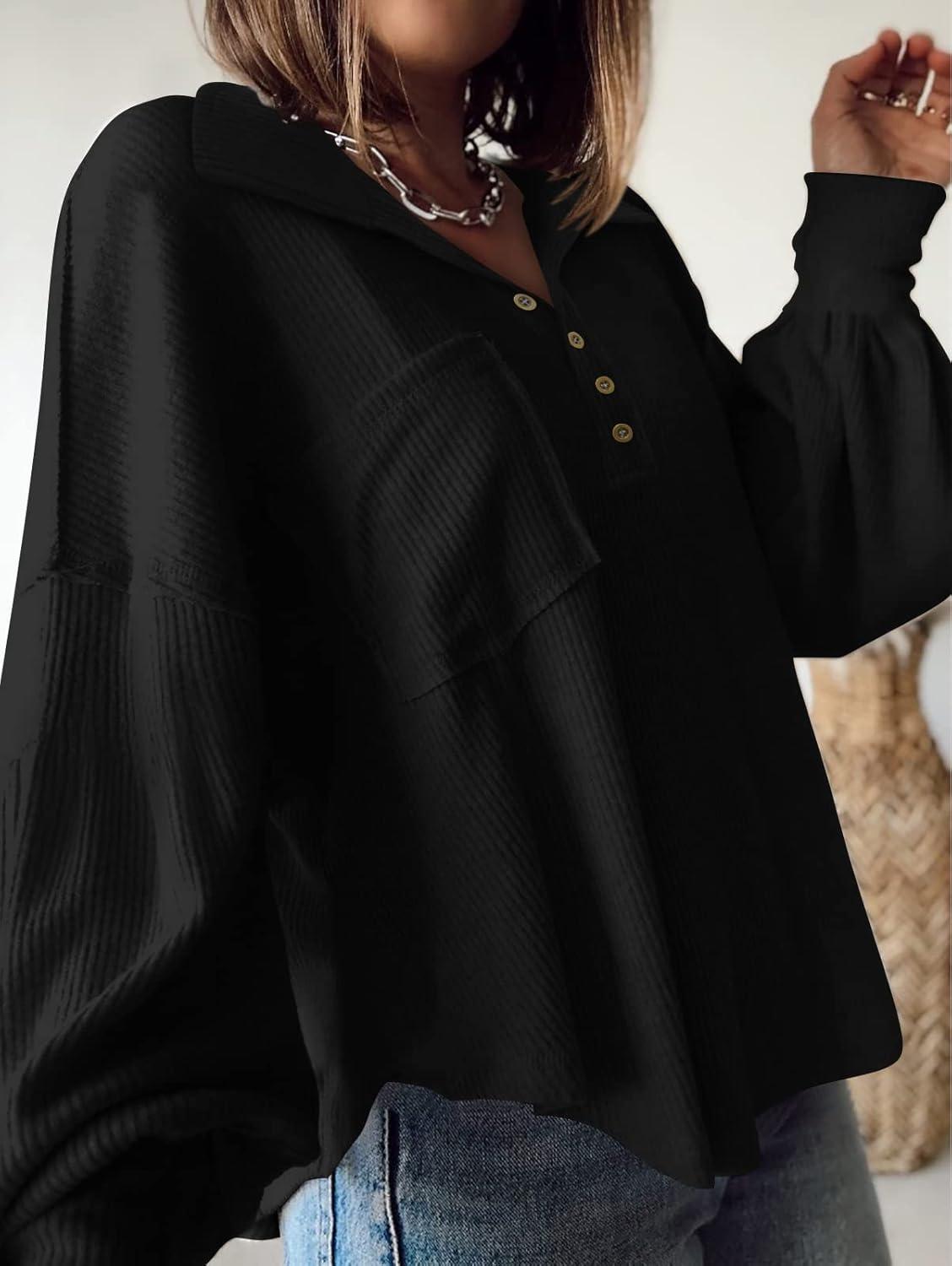 imageBTFBM Womens Fall Fashion 2025 Long Sleeve Shirts Casual V Neck Ribbed Knit Blouses Pullover Trendy Loose Fit Tunic TopsTurndown Black