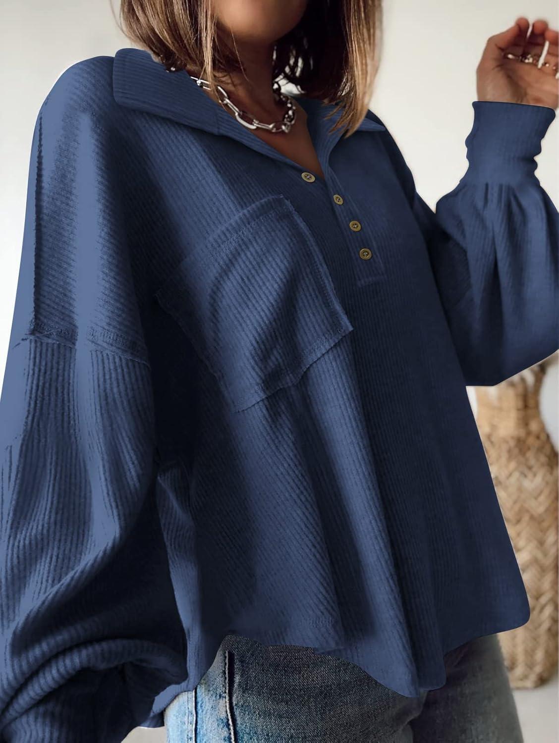 imageBTFBM Womens Fall Fashion 2025 Long Sleeve Shirts Casual V Neck Ribbed Knit Blouses Pullover Trendy Loose Fit Tunic TopsTurndown Blue