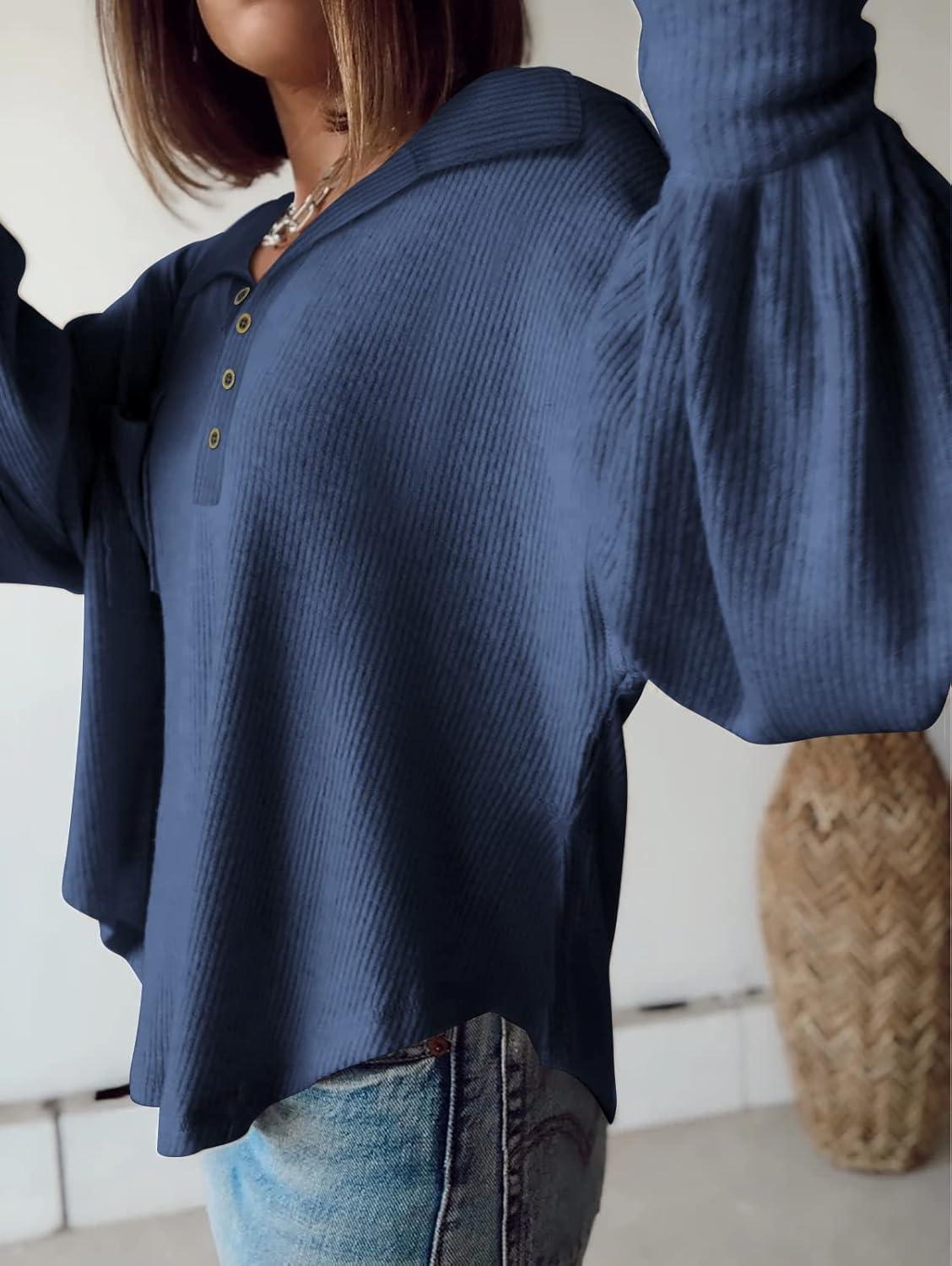 imageBTFBM Womens Fall Fashion 2025 Long Sleeve Shirts Casual V Neck Ribbed Knit Blouses Pullover Trendy Loose Fit Tunic TopsTurndown Blue