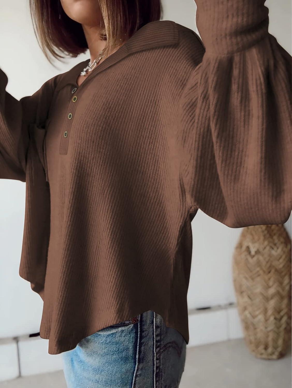 imageBTFBM Womens Fall Fashion 2025 Long Sleeve Shirts Casual V Neck Ribbed Knit Blouses Pullover Trendy Loose Fit Tunic TopsTurndown Caramel