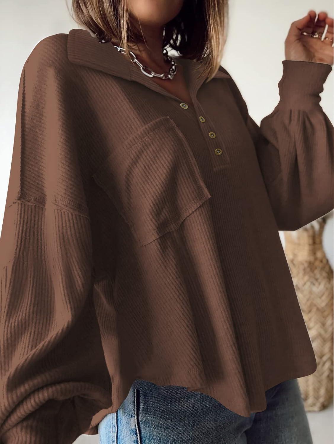 imageBTFBM Womens Fall Fashion 2025 Long Sleeve Shirts Casual V Neck Ribbed Knit Blouses Pullover Trendy Loose Fit Tunic TopsTurndown Caramel