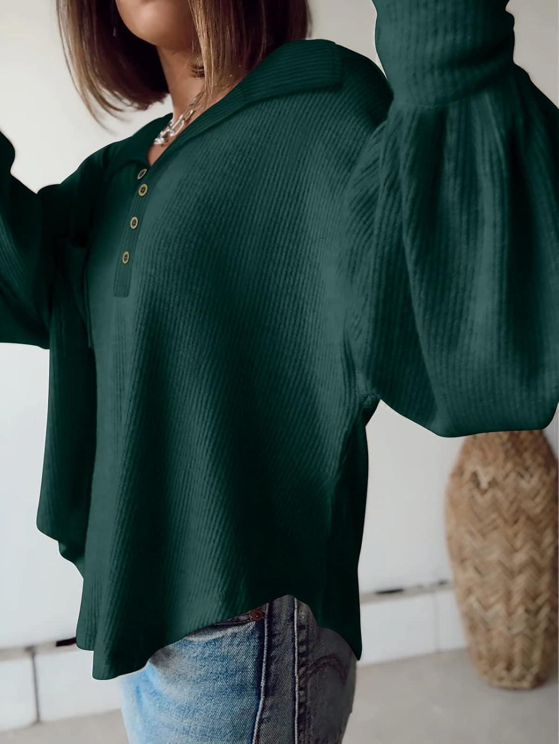imageBTFBM Womens Fall Fashion 2025 Long Sleeve Shirts Casual V Neck Ribbed Knit Blouses Pullover Trendy Loose Fit Tunic TopsTurndown Dark Green