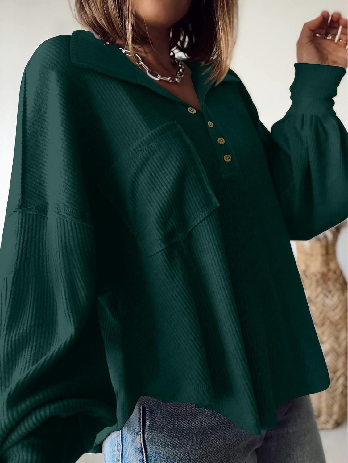 imageBTFBM Womens Fall Fashion 2025 Long Sleeve Shirts Casual V Neck Ribbed Knit Blouses Pullover Trendy Loose Fit Tunic TopsTurndown Dark Green