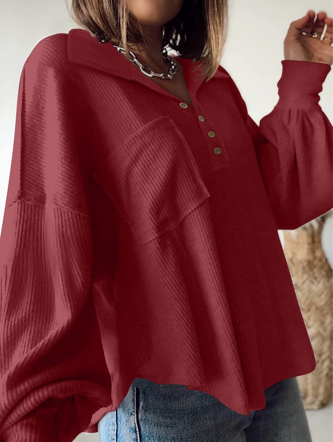 imageBTFBM Womens Fall Fashion 2025 Long Sleeve Shirts Casual V Neck Ribbed Knit Blouses Pullover Trendy Loose Fit Tunic TopsTurndown Wine Red