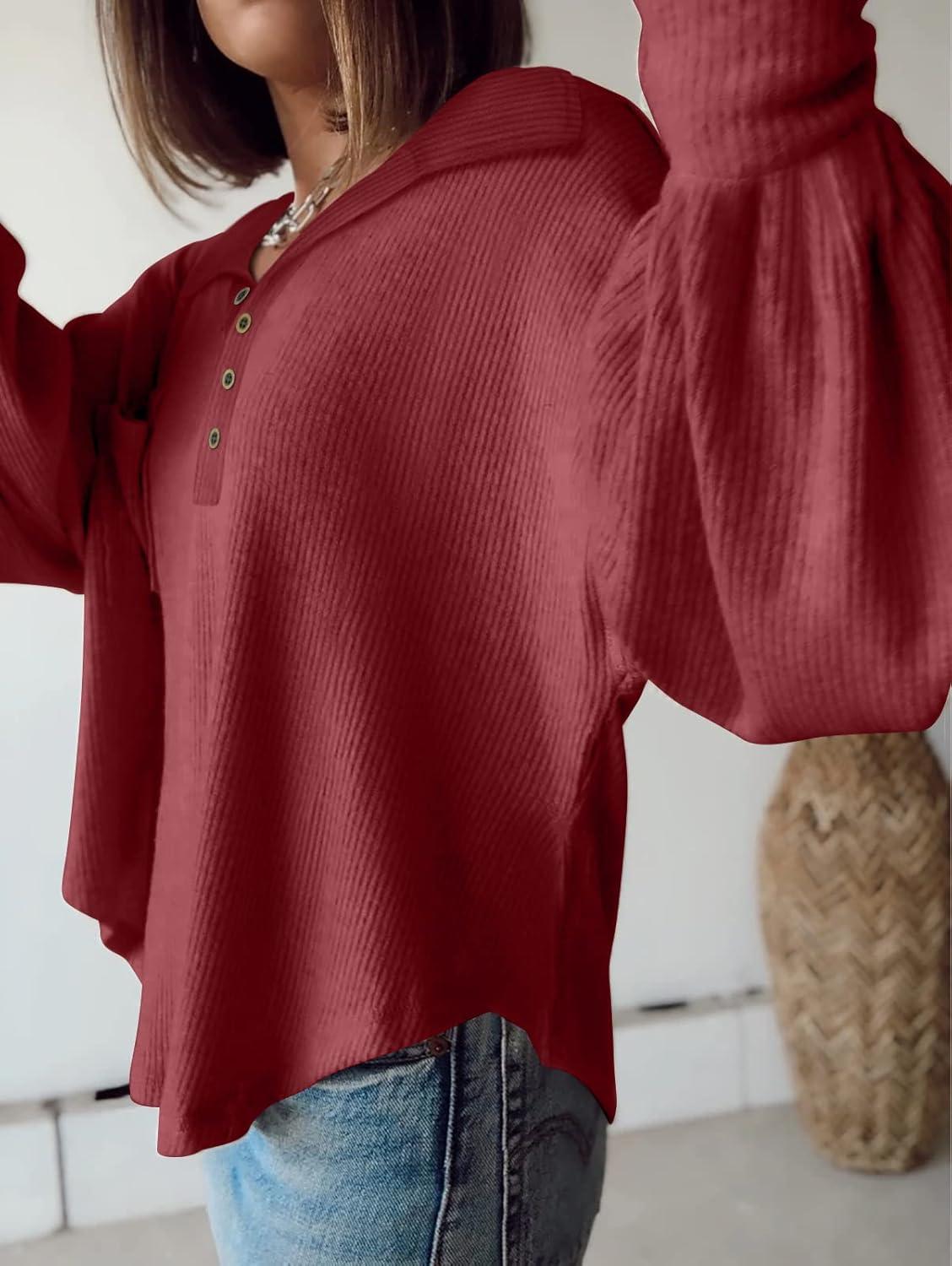 imageBTFBM Womens Fall Fashion 2025 Long Sleeve Shirts Casual V Neck Ribbed Knit Blouses Pullover Trendy Loose Fit Tunic TopsTurndown Wine Red