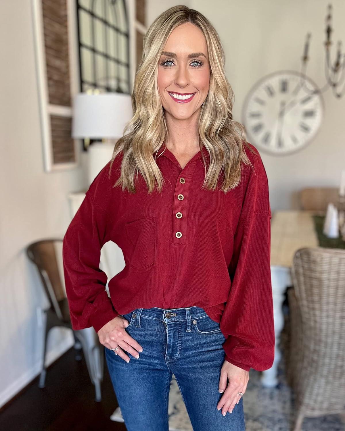 imageBTFBM Womens Fall Fashion 2025 Long Sleeve Shirts Casual V Neck Ribbed Knit Blouses Pullover Trendy Loose Fit Tunic TopsTurndown Wine Red