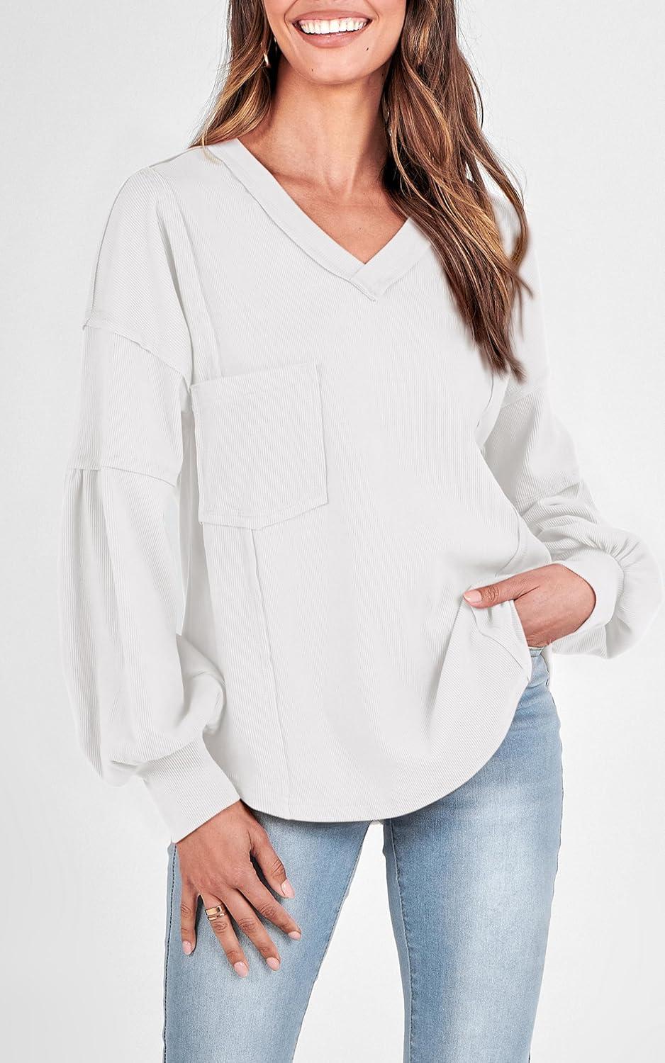 imageBTFBM Womens Fall Fashion 2025 Long Sleeve Shirts Casual V Neck Ribbed Knit Blouses Pullover Trendy Loose Fit Tunic TopsWhite