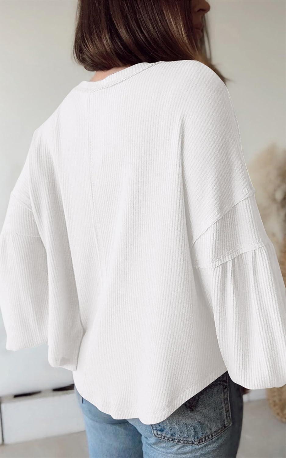 imageBTFBM Womens Fall Fashion 2025 Long Sleeve Shirts Casual V Neck Ribbed Knit Blouses Pullover Trendy Loose Fit Tunic TopsWhite