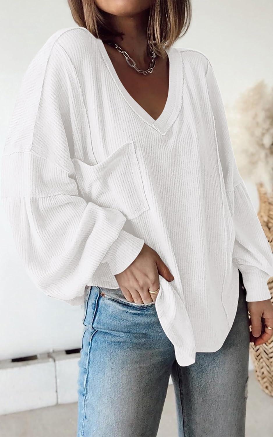 imageBTFBM Womens Fall Fashion 2025 Long Sleeve Shirts Casual V Neck Ribbed Knit Blouses Pullover Trendy Loose Fit Tunic TopsWhite