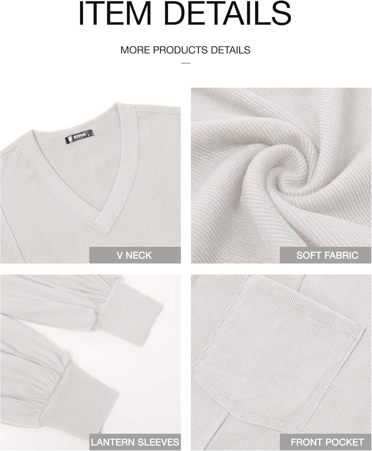 imageBTFBM Womens Fall Fashion 2025 Long Sleeve Shirts Casual V Neck Ribbed Knit Blouses Pullover Trendy Loose Fit Tunic TopsWhite