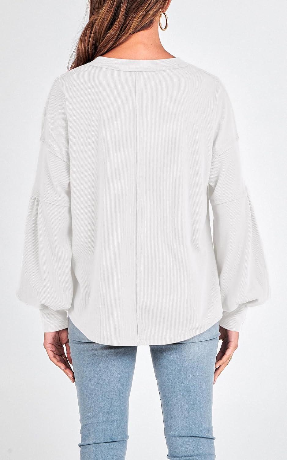 imageBTFBM Womens Fall Fashion 2025 Long Sleeve Shirts Casual V Neck Ribbed Knit Blouses Pullover Trendy Loose Fit Tunic TopsWhite