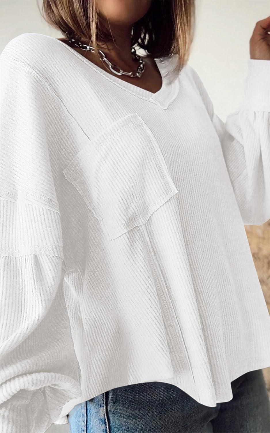 imageBTFBM Womens Fall Fashion 2025 Long Sleeve Shirts Casual V Neck Ribbed Knit Blouses Pullover Trendy Loose Fit Tunic TopsWhite