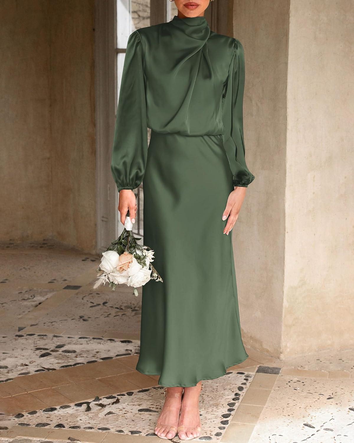 imageBTFBM Womens Mock Neck Satin Dress Summer Fall 2025 Long Sleeve High Waist Formal Wedding Party Maxi Cocktail DressesArmy Green