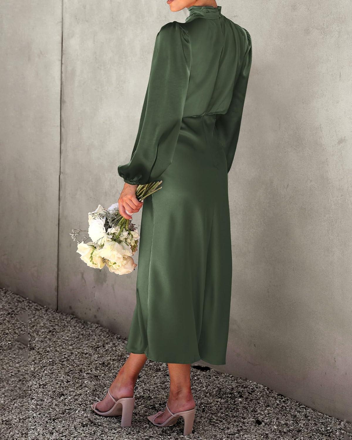 imageBTFBM Womens Mock Neck Satin Dress Summer Fall 2025 Long Sleeve High Waist Formal Wedding Party Maxi Cocktail DressesArmy Green