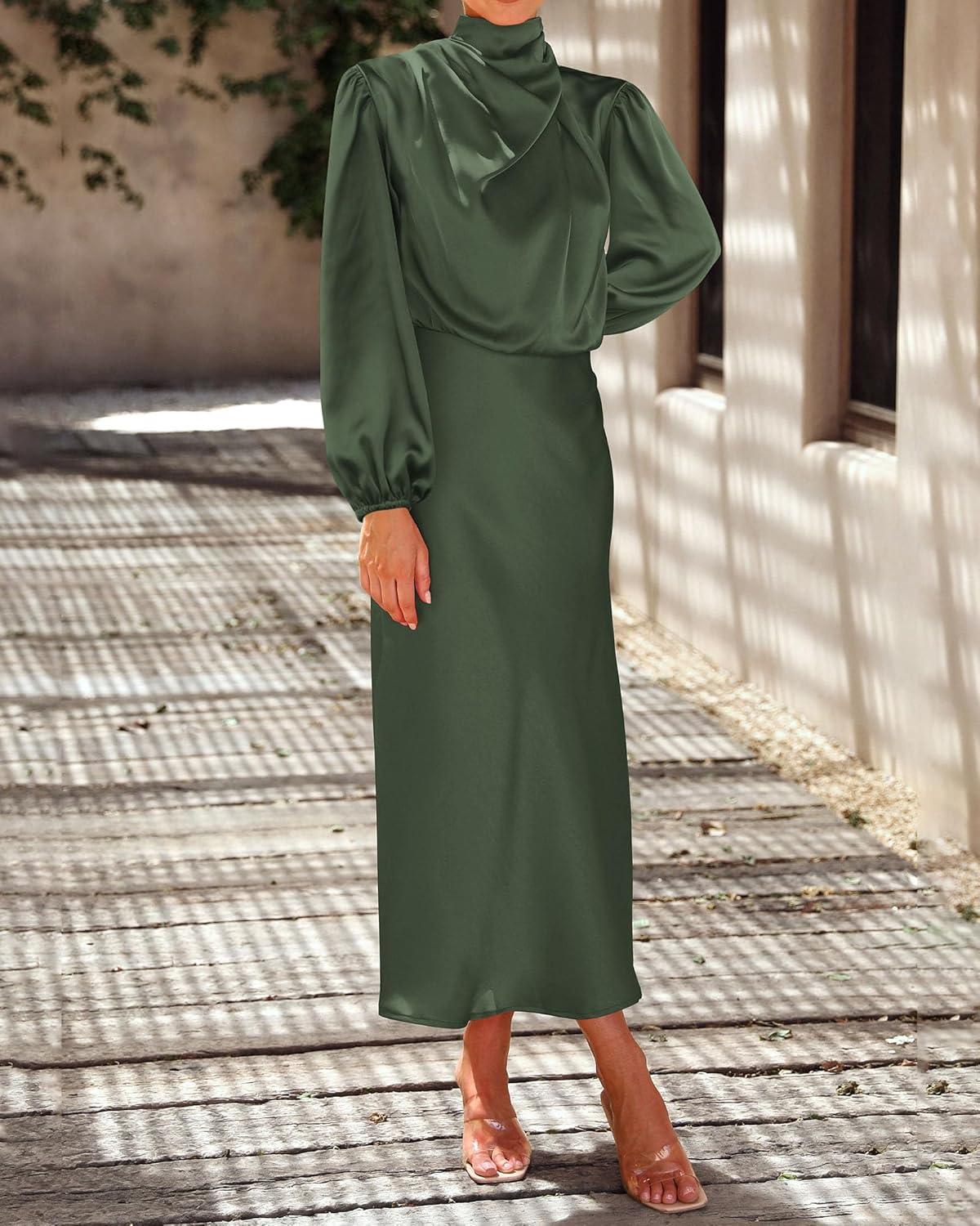 imageBTFBM Womens Mock Neck Satin Dress Summer Fall 2025 Long Sleeve High Waist Formal Wedding Party Maxi Cocktail DressesArmy Green