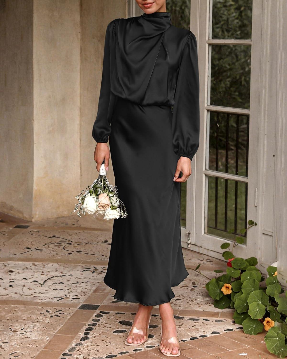 imageBTFBM Womens Mock Neck Satin Dress Summer Fall 2025 Long Sleeve High Waist Formal Wedding Party Maxi Cocktail DressesBlack