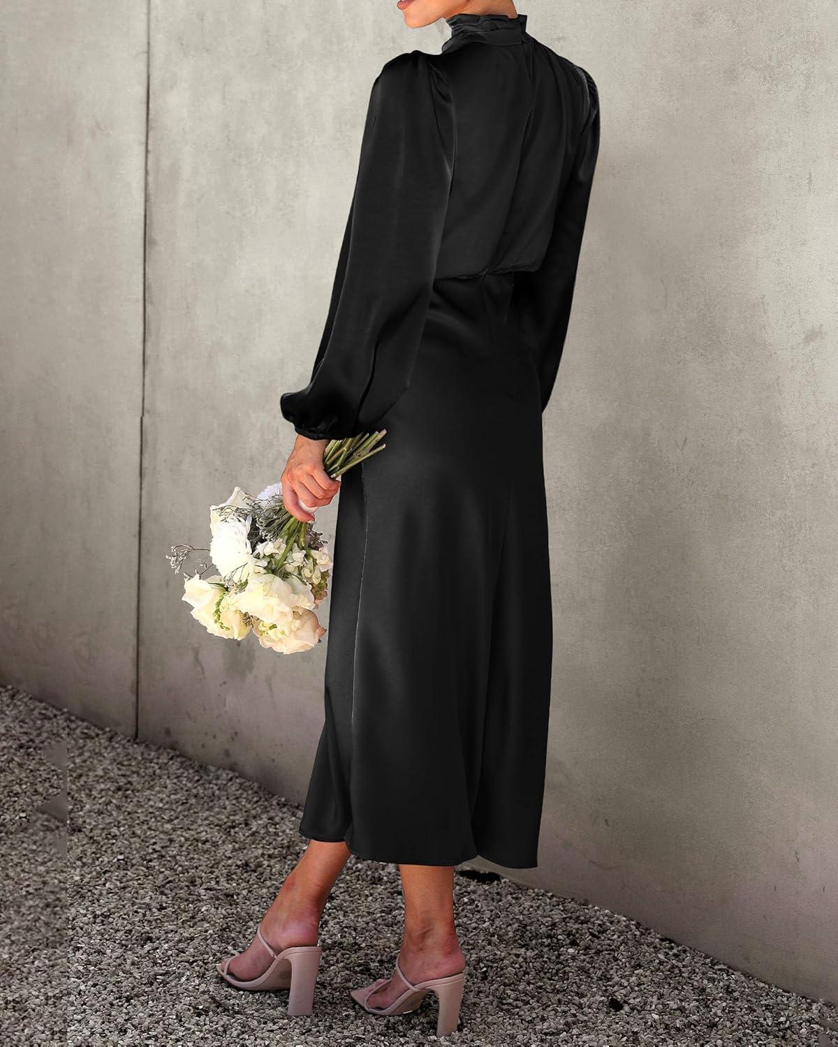 imageBTFBM Womens Mock Neck Satin Dress Summer Fall 2025 Long Sleeve High Waist Formal Wedding Party Maxi Cocktail DressesBlack