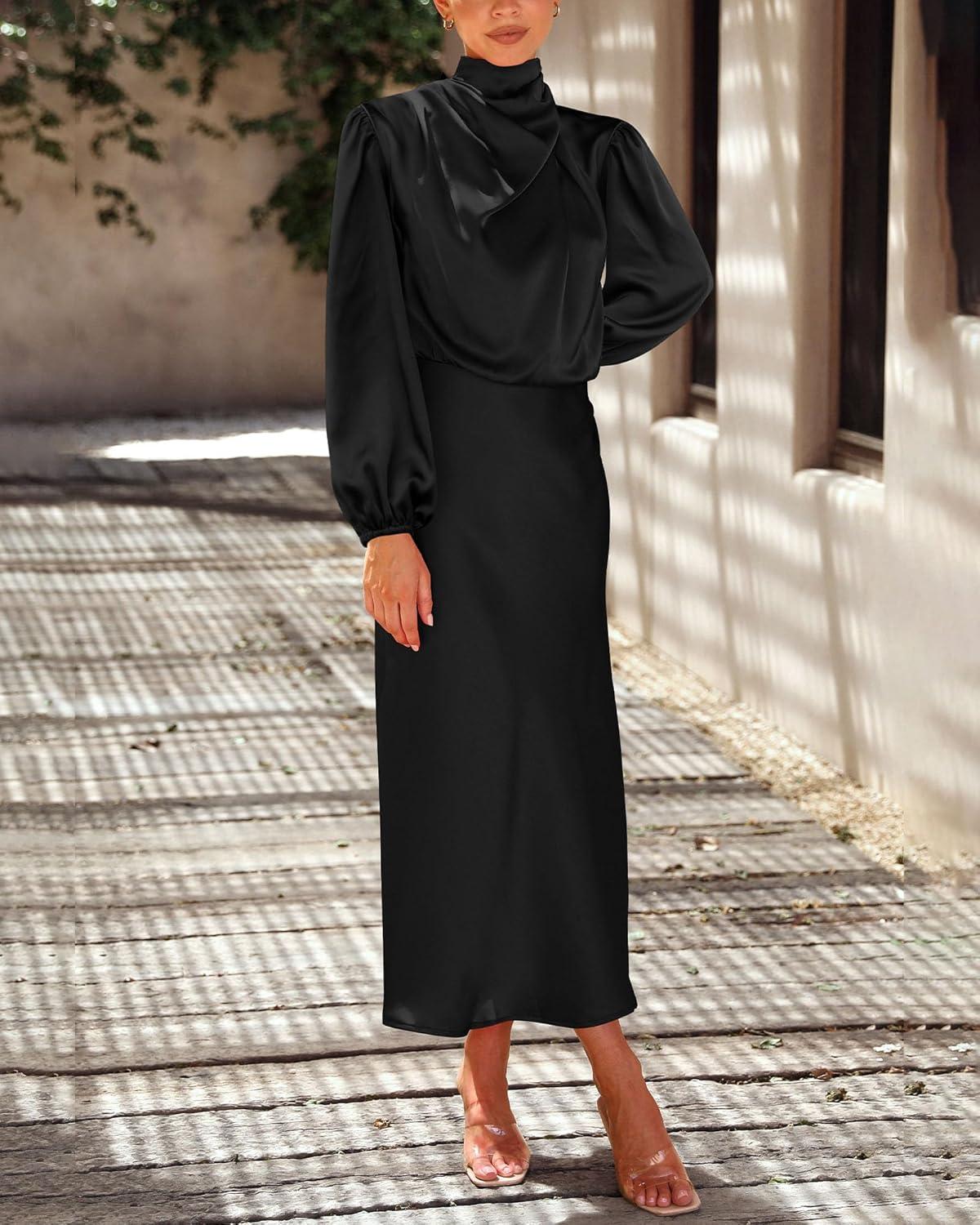 imageBTFBM Womens Mock Neck Satin Dress Summer Fall 2025 Long Sleeve High Waist Formal Wedding Party Maxi Cocktail DressesBlack