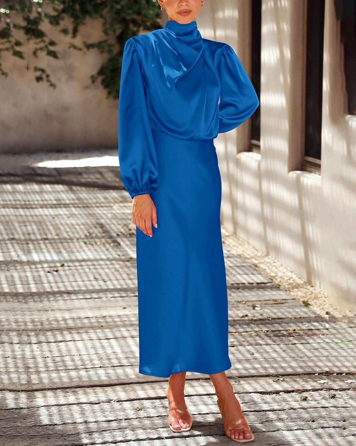 imageBTFBM Womens Mock Neck Satin Dress Summer Fall 2025 Long Sleeve High Waist Formal Wedding Party Maxi Cocktail DressesBrilliant Blue