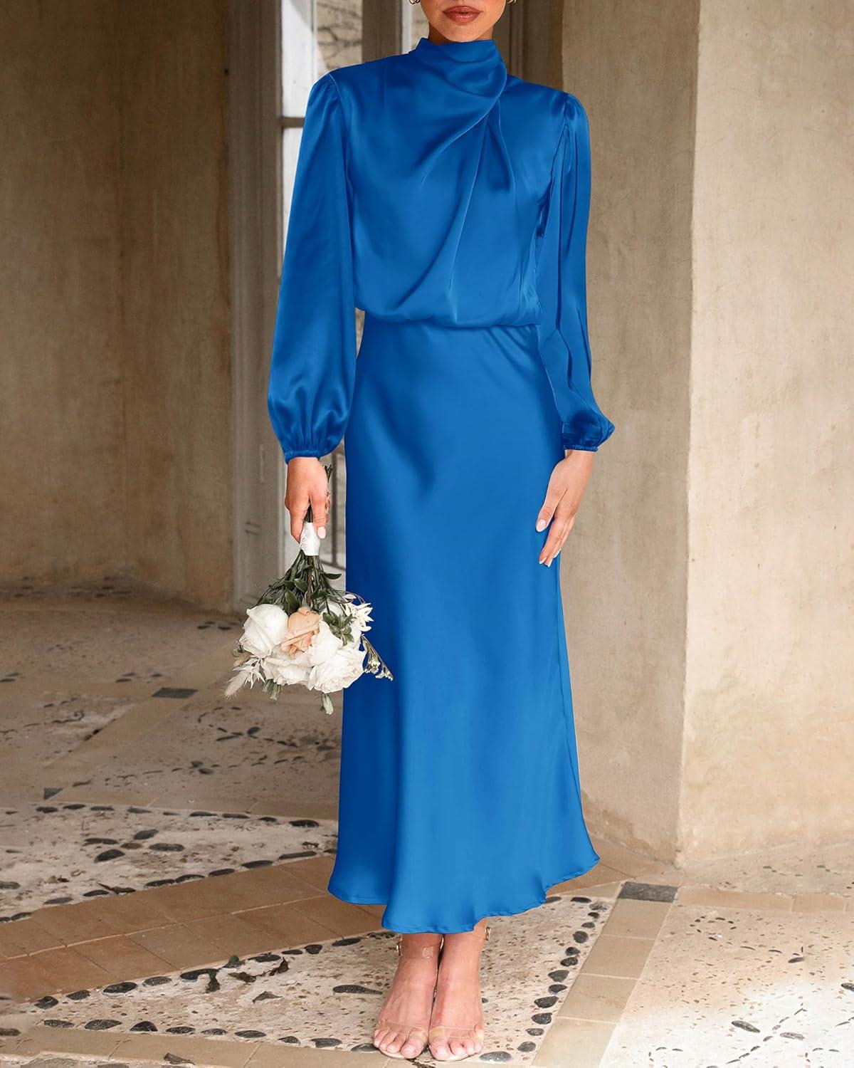 imageBTFBM Womens Mock Neck Satin Dress Summer Fall 2025 Long Sleeve High Waist Formal Wedding Party Maxi Cocktail DressesBrilliant Blue