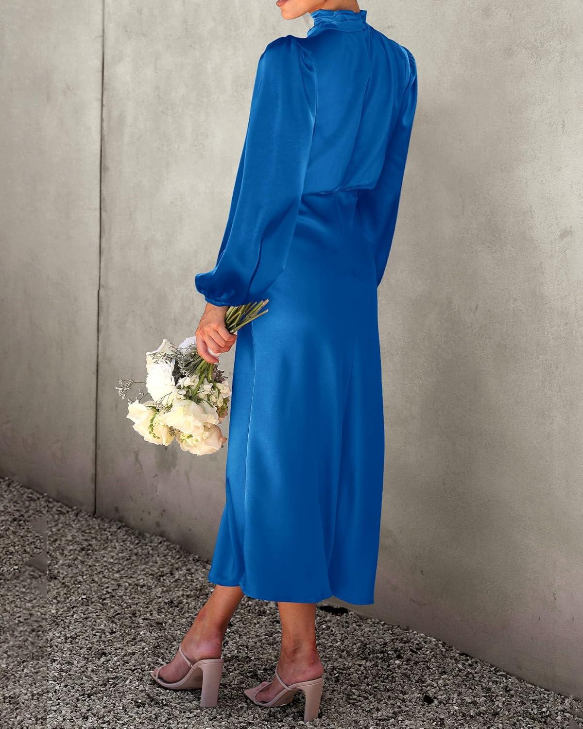imageBTFBM Womens Mock Neck Satin Dress Summer Fall 2025 Long Sleeve High Waist Formal Wedding Party Maxi Cocktail DressesBrilliant Blue