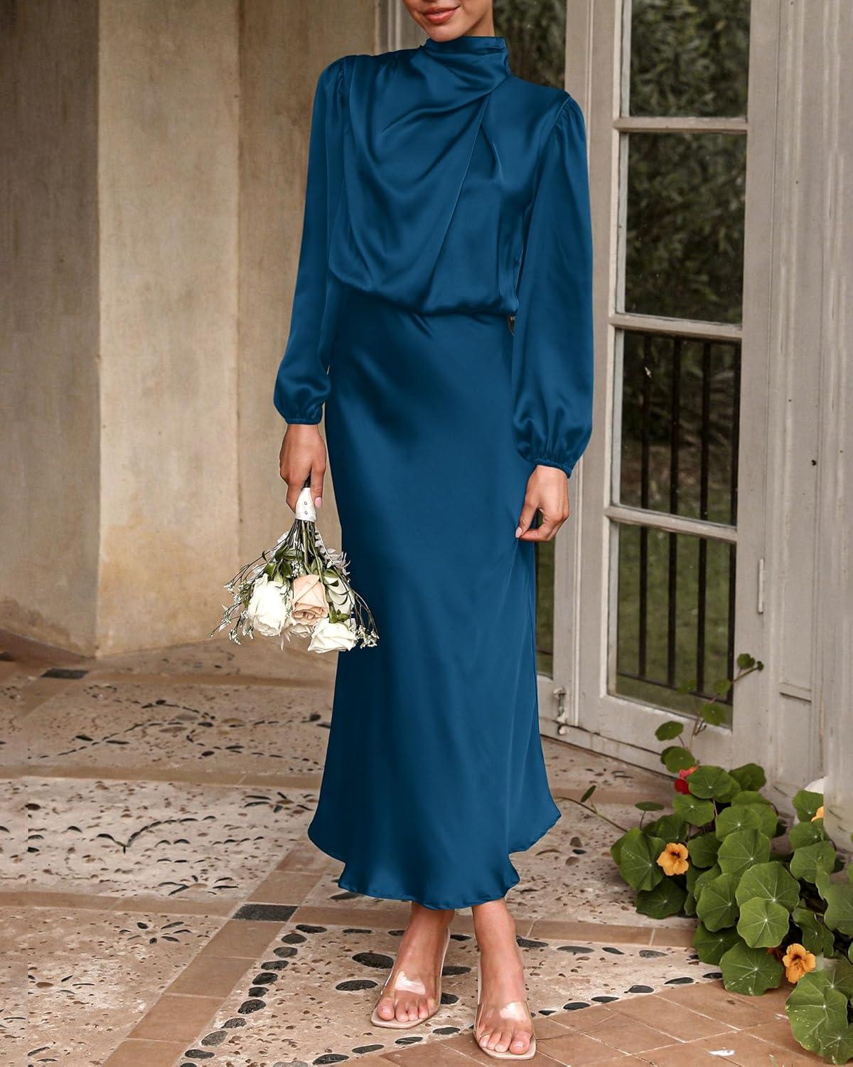 imageBTFBM Womens Mock Neck Satin Dress Summer Fall 2025 Long Sleeve High Waist Formal Wedding Party Maxi Cocktail DressesDark Blue