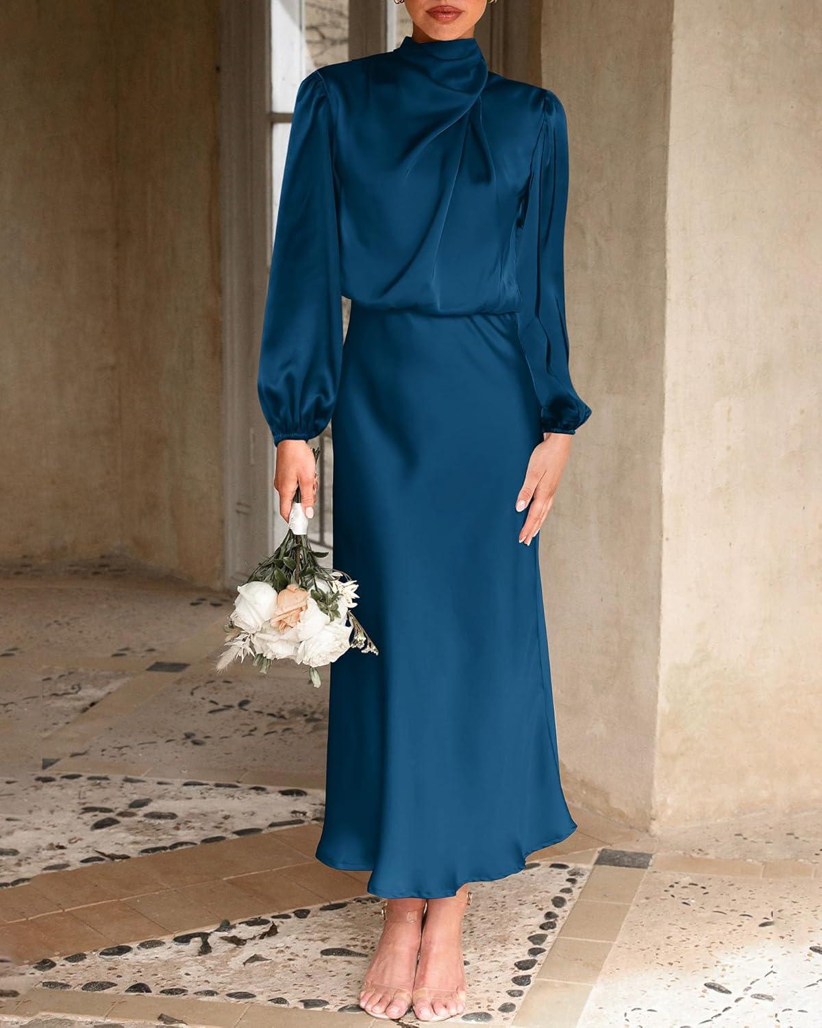 imageBTFBM Womens Mock Neck Satin Dress Summer Fall 2025 Long Sleeve High Waist Formal Wedding Party Maxi Cocktail DressesDark Blue