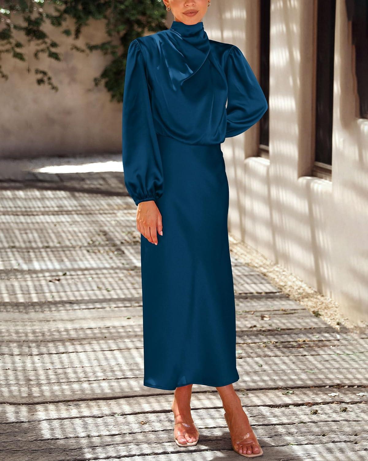 imageBTFBM Womens Mock Neck Satin Dress Summer Fall 2025 Long Sleeve High Waist Formal Wedding Party Maxi Cocktail DressesDark Blue
