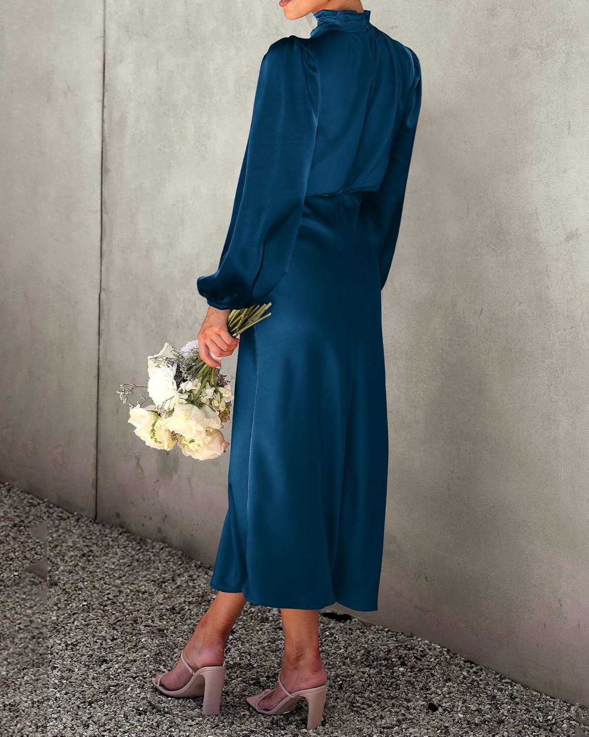imageBTFBM Womens Mock Neck Satin Dress Summer Fall 2025 Long Sleeve High Waist Formal Wedding Party Maxi Cocktail DressesDark Blue