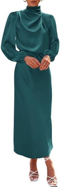 imageBTFBM Womens Mock Neck Satin Dress Summer Fall 2025 Long Sleeve High Waist Formal Wedding Party Maxi Cocktail DressesDark Green