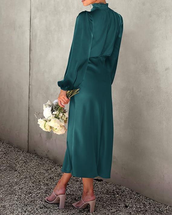 imageBTFBM Womens Mock Neck Satin Dress Summer Fall 2025 Long Sleeve High Waist Formal Wedding Party Maxi Cocktail DressesDark Green