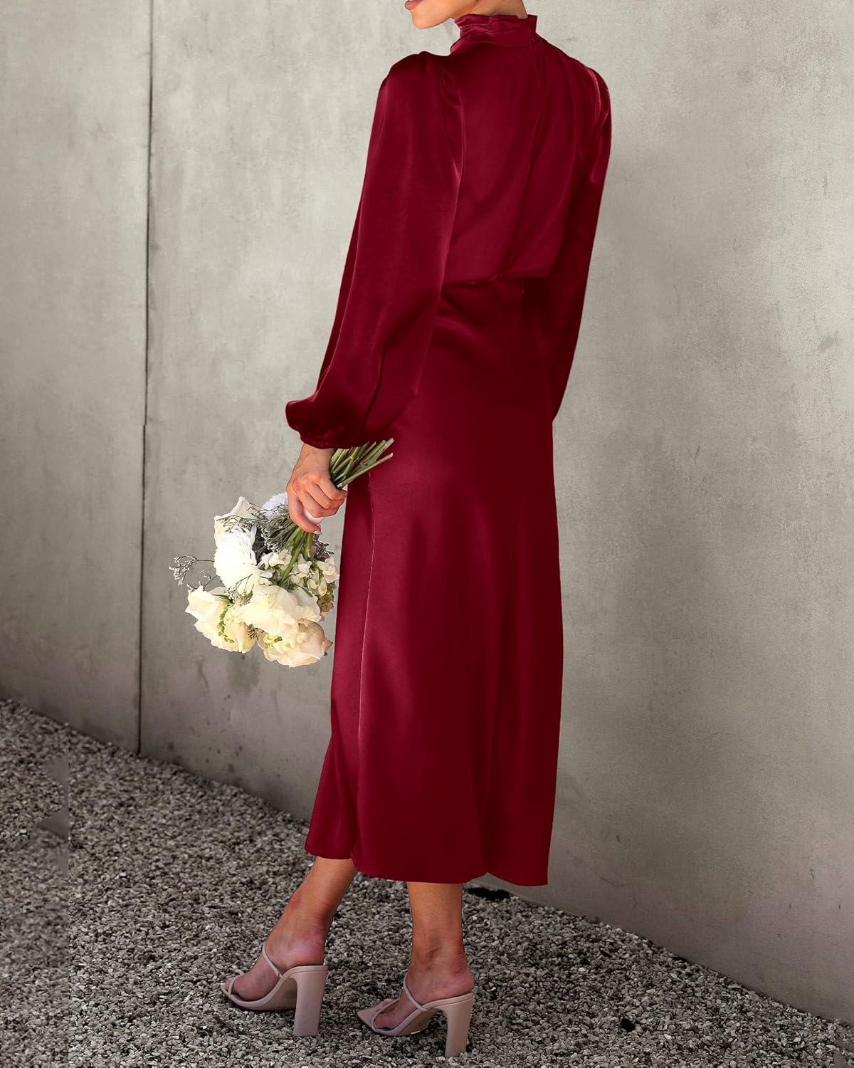 imageBTFBM Womens Mock Neck Satin Dress Summer Fall 2025 Long Sleeve High Waist Formal Wedding Party Maxi Cocktail DressesDeep Red