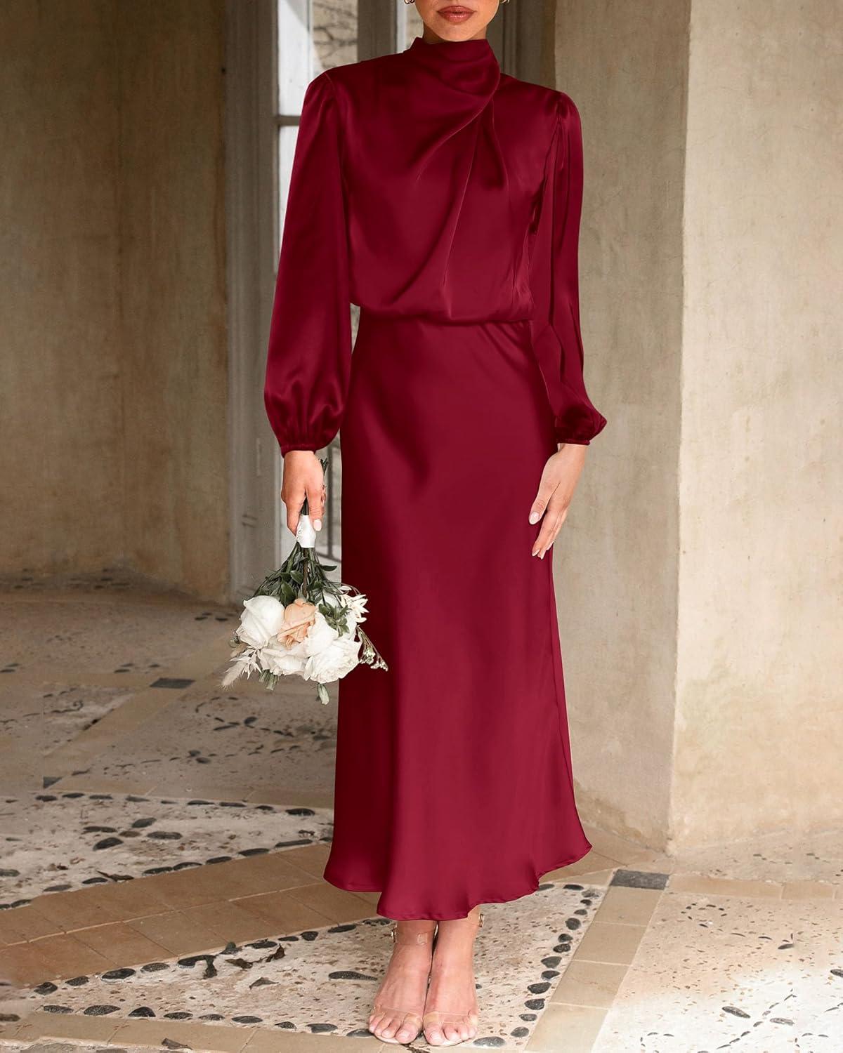 imageBTFBM Womens Mock Neck Satin Dress Summer Fall 2025 Long Sleeve High Waist Formal Wedding Party Maxi Cocktail DressesDeep Red