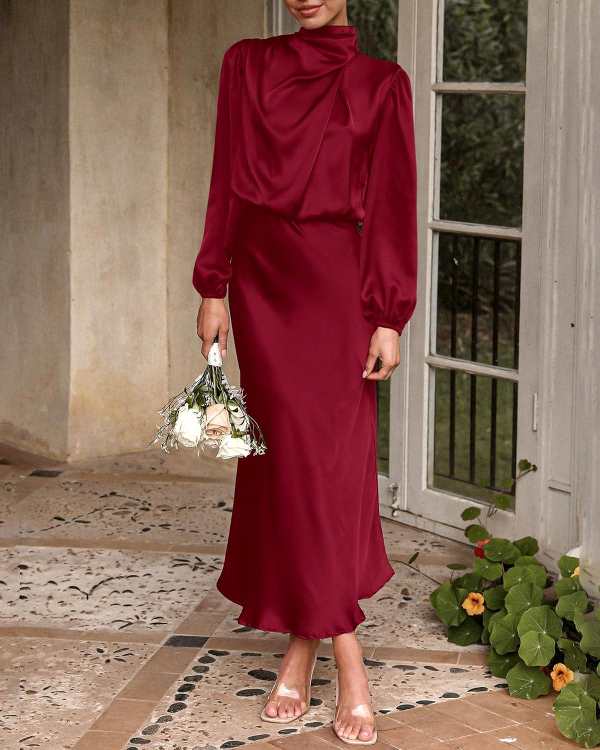 imageBTFBM Womens Mock Neck Satin Dress Summer Fall 2025 Long Sleeve High Waist Formal Wedding Party Maxi Cocktail DressesDeep Red