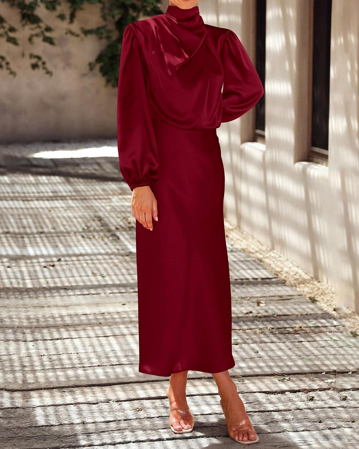 imageBTFBM Womens Mock Neck Satin Dress Summer Fall 2025 Long Sleeve High Waist Formal Wedding Party Maxi Cocktail DressesDeep Red