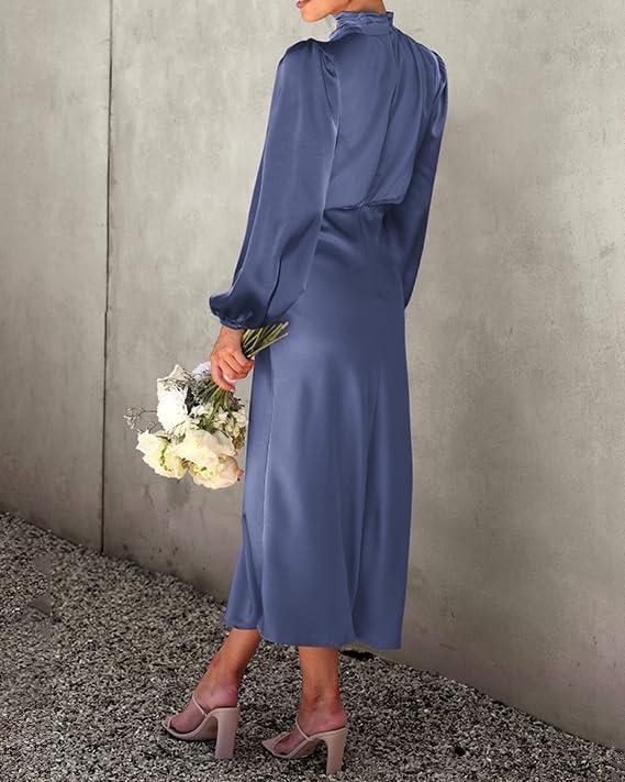 imageBTFBM Womens Mock Neck Satin Dress Summer Fall 2025 Long Sleeve High Waist Formal Wedding Party Maxi Cocktail DressesGrey Blue