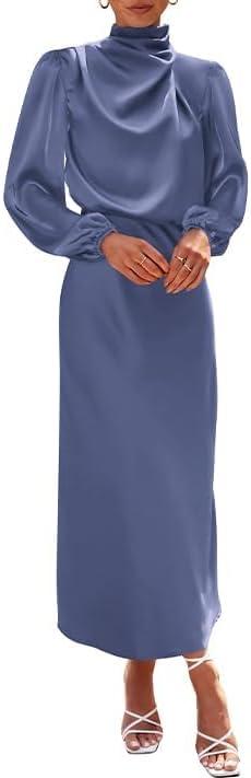 imageBTFBM Womens Mock Neck Satin Dress Summer Fall 2025 Long Sleeve High Waist Formal Wedding Party Maxi Cocktail DressesGrey Blue