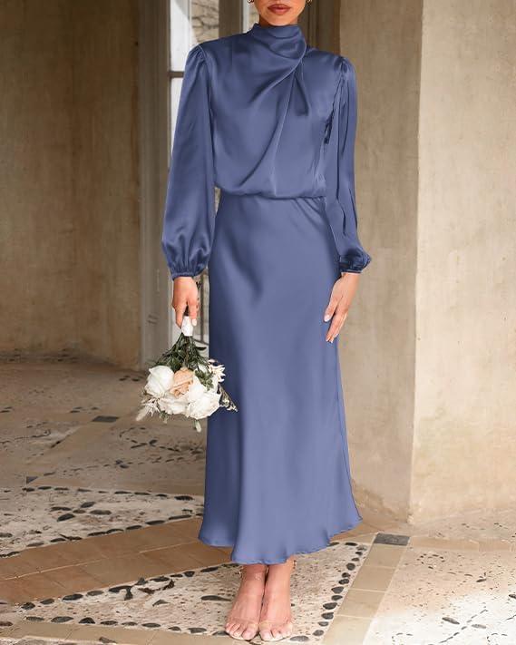 imageBTFBM Womens Mock Neck Satin Dress Summer Fall 2025 Long Sleeve High Waist Formal Wedding Party Maxi Cocktail DressesGrey Blue