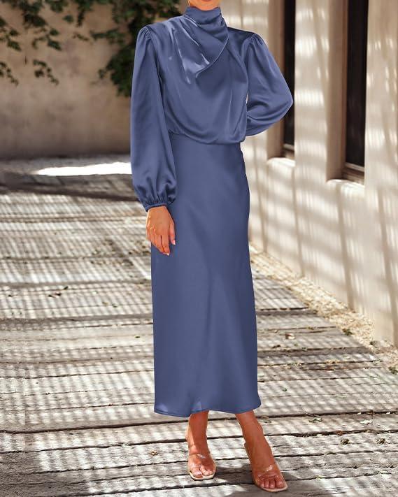 imageBTFBM Womens Mock Neck Satin Dress Summer Fall 2025 Long Sleeve High Waist Formal Wedding Party Maxi Cocktail DressesGrey Blue