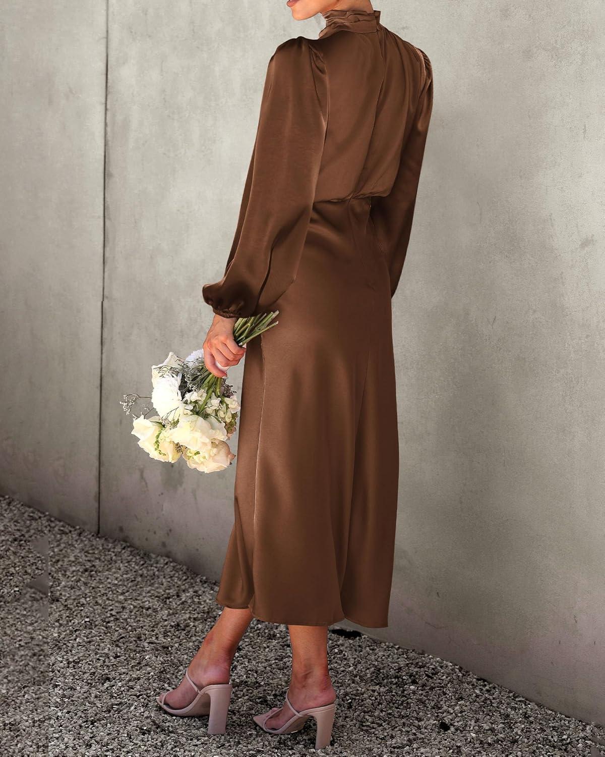 imageBTFBM Womens Mock Neck Satin Dress Summer Fall 2025 Long Sleeve High Waist Formal Wedding Party Maxi Cocktail DressesKhaki