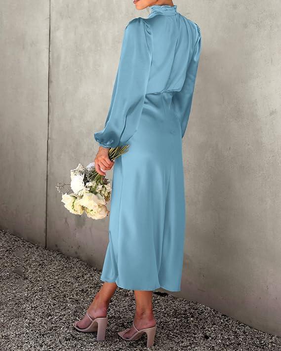 imageBTFBM Womens Mock Neck Satin Dress Summer Fall 2025 Long Sleeve High Waist Formal Wedding Party Maxi Cocktail DressesLight Blue