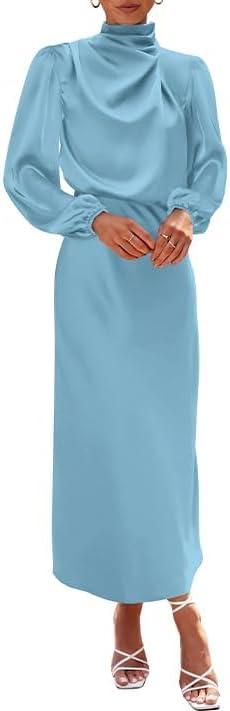 imageBTFBM Womens Mock Neck Satin Dress Summer Fall 2025 Long Sleeve High Waist Formal Wedding Party Maxi Cocktail DressesLight Blue