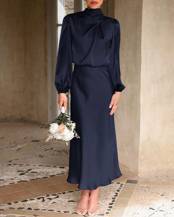 imageBTFBM Womens Mock Neck Satin Dress Summer Fall 2025 Long Sleeve High Waist Formal Wedding Party Maxi Cocktail DressesNavy