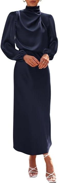 imageBTFBM Womens Mock Neck Satin Dress Summer Fall 2025 Long Sleeve High Waist Formal Wedding Party Maxi Cocktail DressesNavy