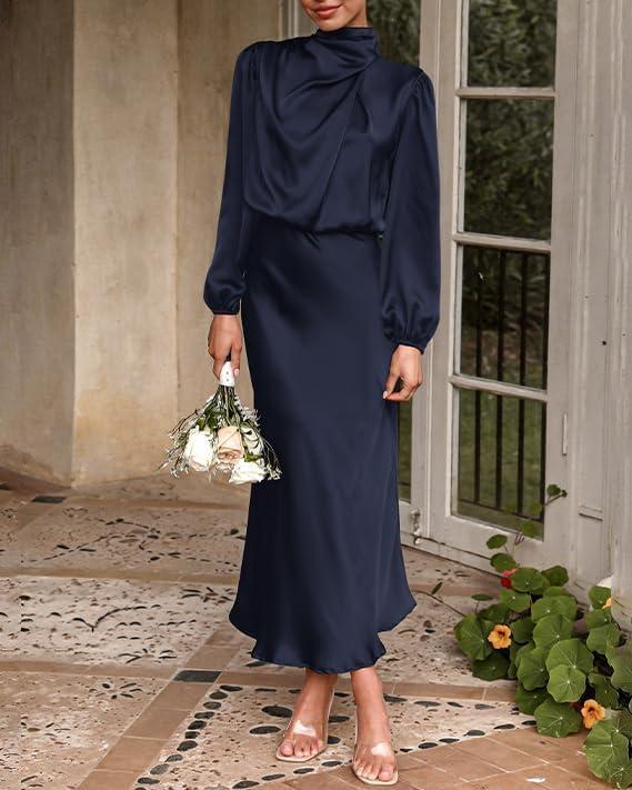 imageBTFBM Womens Mock Neck Satin Dress Summer Fall 2025 Long Sleeve High Waist Formal Wedding Party Maxi Cocktail DressesNavy