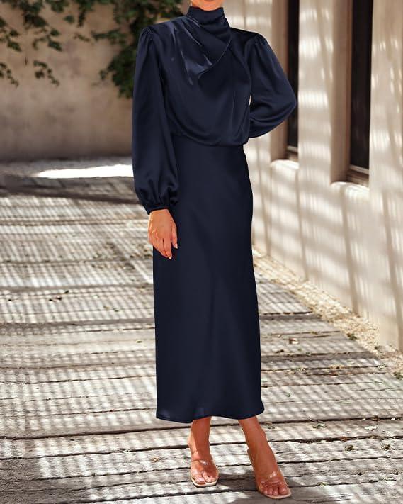 imageBTFBM Womens Mock Neck Satin Dress Summer Fall 2025 Long Sleeve High Waist Formal Wedding Party Maxi Cocktail DressesNavy