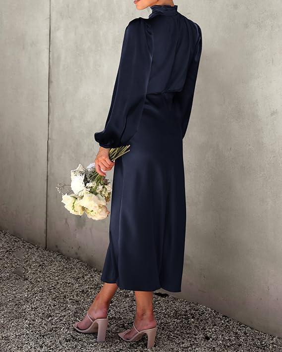 imageBTFBM Womens Mock Neck Satin Dress Summer Fall 2025 Long Sleeve High Waist Formal Wedding Party Maxi Cocktail DressesNavy