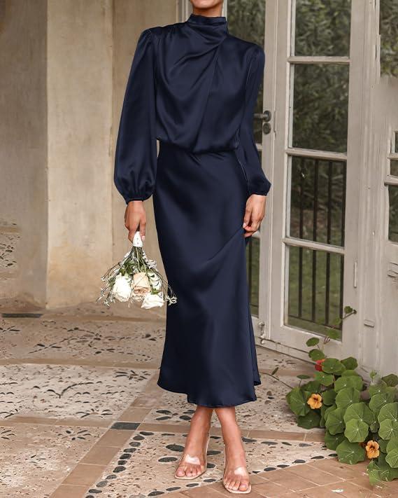 imageBTFBM Womens Mock Neck Satin Dress Summer Fall 2025 Long Sleeve High Waist Formal Wedding Party Maxi Cocktail DressesNavy