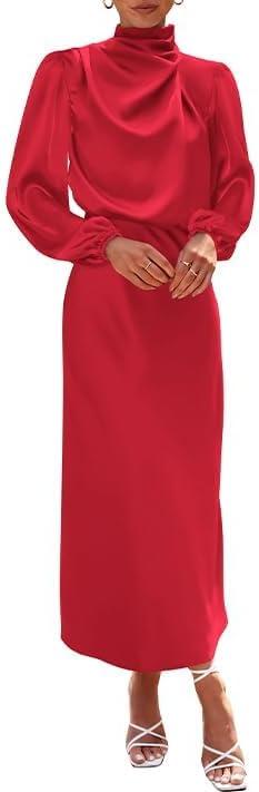 imageBTFBM Womens Mock Neck Satin Dress Summer Fall 2025 Long Sleeve High Waist Formal Wedding Party Maxi Cocktail DressesRed
