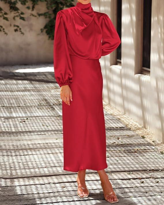 imageBTFBM Womens Mock Neck Satin Dress Summer Fall 2025 Long Sleeve High Waist Formal Wedding Party Maxi Cocktail DressesRed